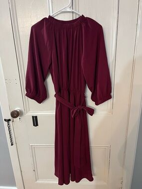 Vici Burgundy Elastic-Neck Midi Dress with Tie Waist